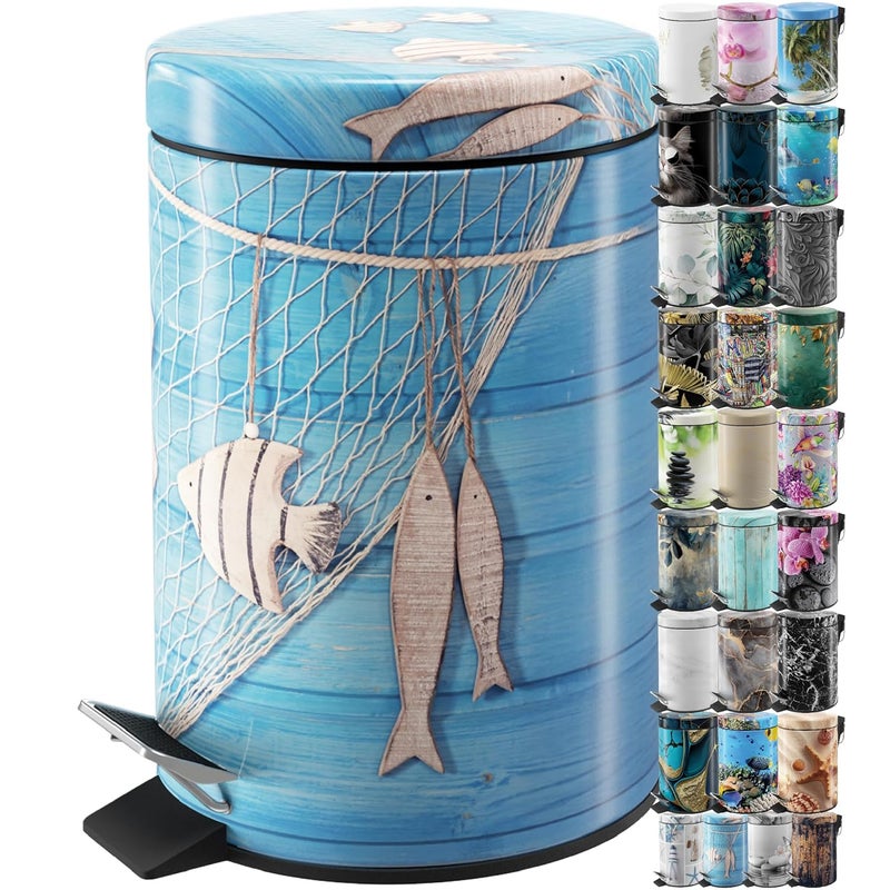 Sanilo Small Bathroom Trash Can with Lid [1.3 Gallon] - Lidded Tiny Trashcan for Garbage - Mini Metal Bin with Soft Closing Mechanism - Bath Room Accessoire Wastebin with Inner Bucket (Seafaring) - Image 1